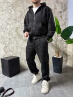 Мужской Графитовый Спортивный Костюм на Молнии с Принтом Змей на Спине (На Флисе)