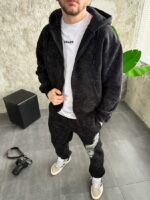 Мужской Графитовый Спортивный Костюм на Молнии с Принтом Змей на Спине (На Флисе)