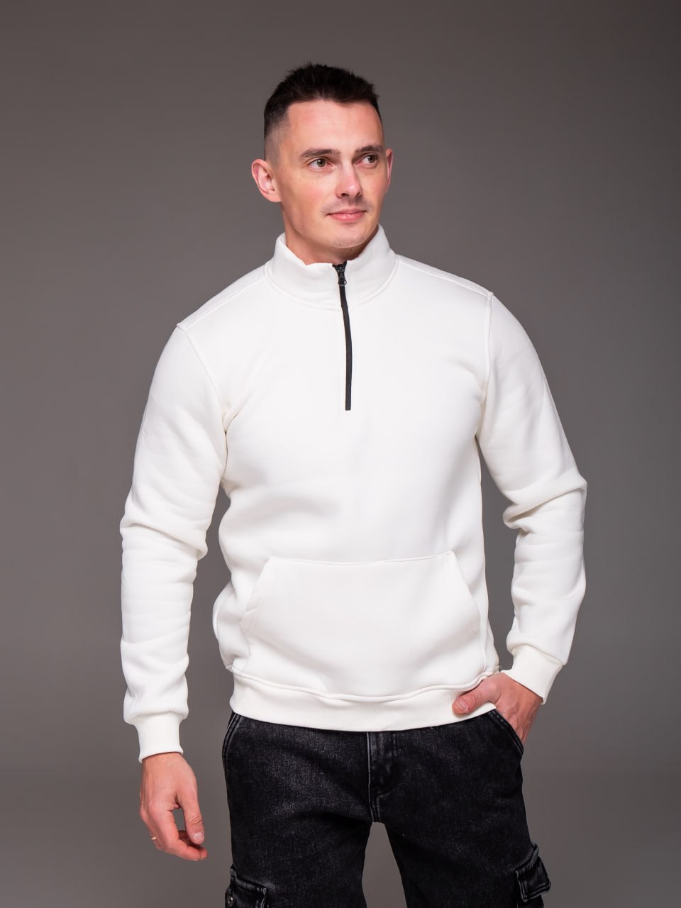 photo_2025-12-29_12-12-30 Мужская Базовая Белая Кофта под Горло с Коротким Замком - Утепленная на Флисе