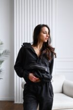 Женский Теплый Флисовый Черный Спортивный Костюм - Анорак с Капюшоном + Штаны Джоггеры