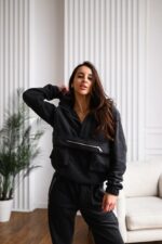 Женский Теплый Флисовый Черный Спортивный Костюм - Анорак с Капюшоном + Штаны Джоггеры