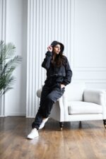 Женский Теплый Флисовый Черный Спортивный Костюм - Анорак с Капюшоном + Штаны Джоггеры