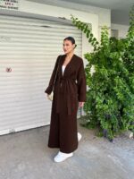 Женский Длинный Коричневый Кардиган Макси Свободного Кроя с Поясом