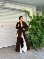 Женский Длинный Коричневый Кардиган Макси Свободного Кроя с Поясом