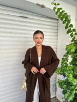 Женский Длинный Коричневый Кардиган Макси Свободного Кроя с Поясом