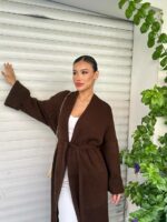 Женский Длинный Коричневый Кардиган Макси Свободного Кроя с Поясом