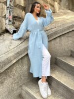 Женский Длинный Голубой Кардиган Макси Свободного Кроя с Поясом