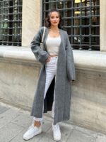 Женский Длинный Темно-Серый Кардиган Макси Свободного Кроя с Поясом