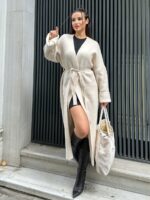 Женский Длинный Бежевый Кардиган Макси Свободного Кроя с Поясом