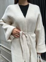 Женский Длинный Бежевый Кардиган Макси Свободного Кроя с Поясом
