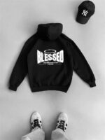 Мужское Черное Худи Оверсайз - Трехнитка c Принтом "Blessed" на Спине