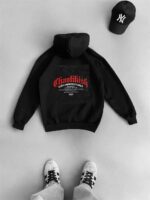 Мужское Черное Худи Оверсайз - Трехнитка c Принтом Надпись