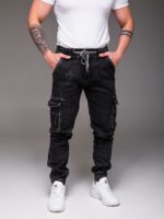 Мужские Утепленные Графитовые Джинсы на Флисе с Накладными Карманами