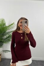 Женский Легкий Базовый Бордовый Лонгслив Свободного Кроя