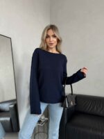 Женский Легкий Базовый Темно-Синий Лонгслив Свободного Кроя