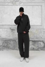 Мужской Утепленный Графитовый Костюм Оверсайз на Флисе с Зип Воротником - Кофта под Горло + Широкие Штаны