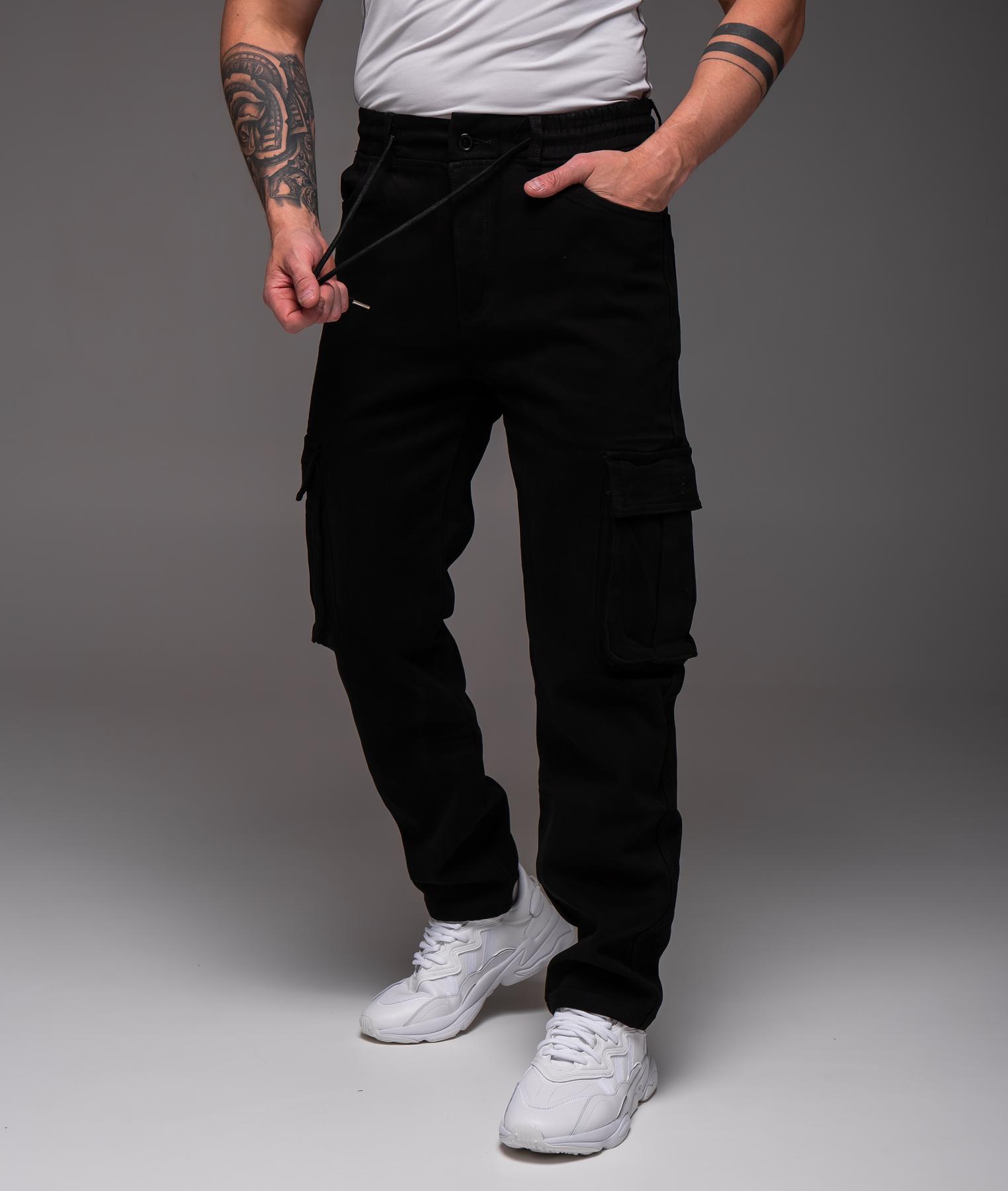 b9f11a001e9ff742ad96 Мужские Утепленные Черные Джинсы на Флисе с Накладными Карманами