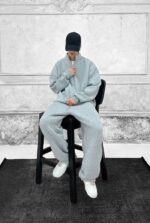 Мужской Утепленный Серый Костюм Оверсайз на Флисе с Зип Воротником - Кофта под Горло + Широкие Штаны