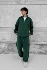 Мужской Утепленный Зеленый Костюм Оверсайз на Флисе с Зип Воротником - Кофта под Горло + Широкие Штаны