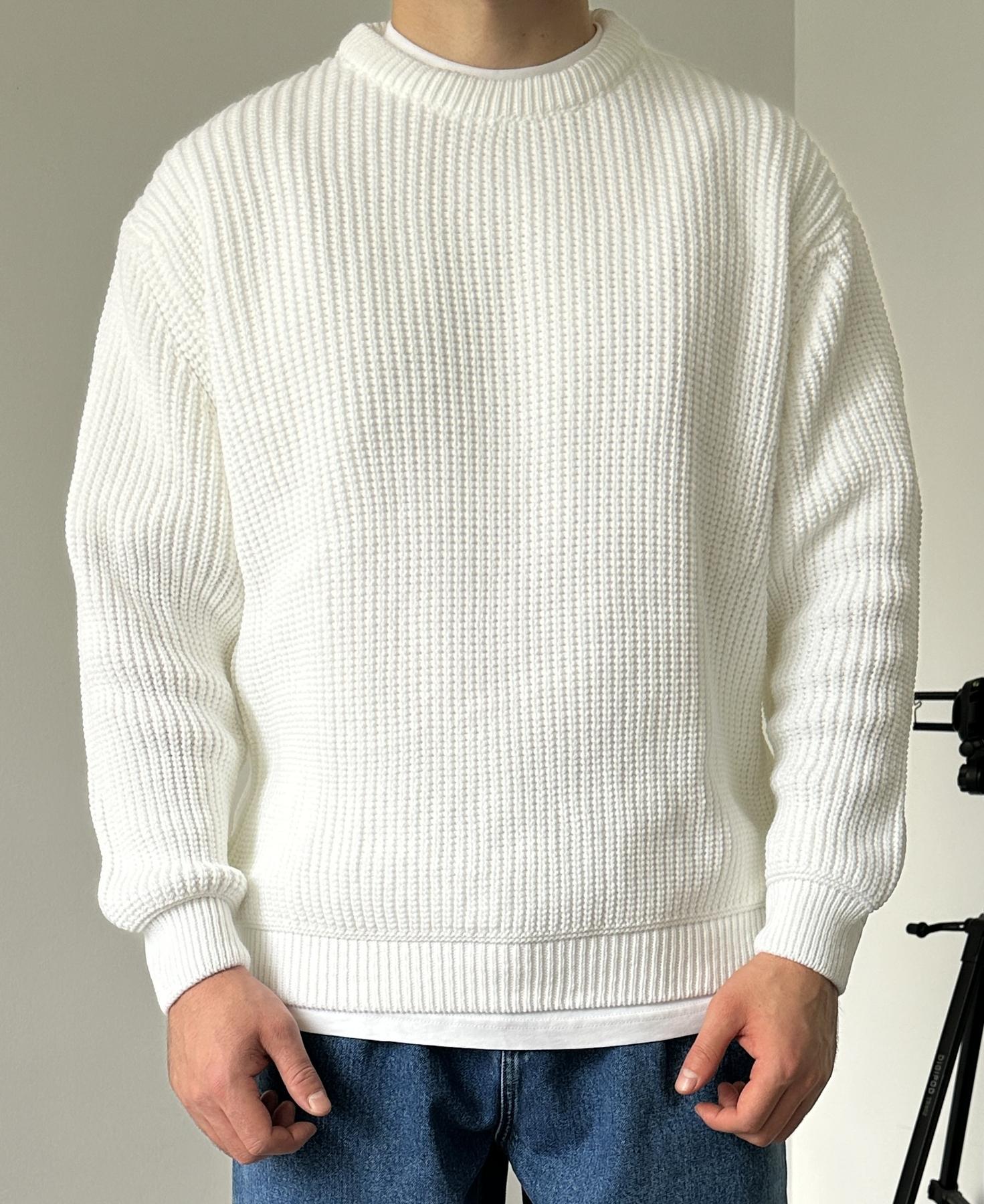 f2ce9c782100bda4305f Мужской Белый Свитер - Базовый Вязаный Оверсайз