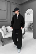 Мужской Утепленный Черный Костюм Оверсайз на Флисе с Зип Воротником - Кофта под Горло + Широкие Штаны