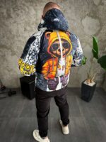 Мужской Темно-Синий Анорак Оверсайз Плащевка - Утепленный с Капюшоном в Принт Медведь