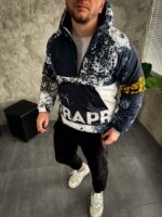 Мужской Темно-Синий Анорак Оверсайз Плащевка - Утепленный с Капюшоном в Принт Медведь