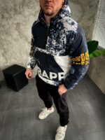 Мужской Темно-Синий Анорак Оверсайз Плащевка - Утепленный с Капюшоном в Принт Медведь