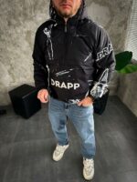 Мужской Ченый Анорак Оверсайз Плащевка - Утепленный с Капюшоном в Принт Крылья