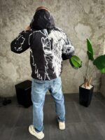 Мужской Ченый Анорак Оверсайз Плащевка - Утепленный с Капюшоном в Принт Крылья