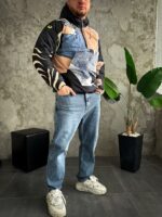 Мужской Ченый Анорак Оверсайз Плащевка - Утепленный с Капюшоном в Принтах