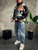 Мужской Ченый Анорак Оверсайз Плащевка - Утепленный с Капюшоном в Принтах