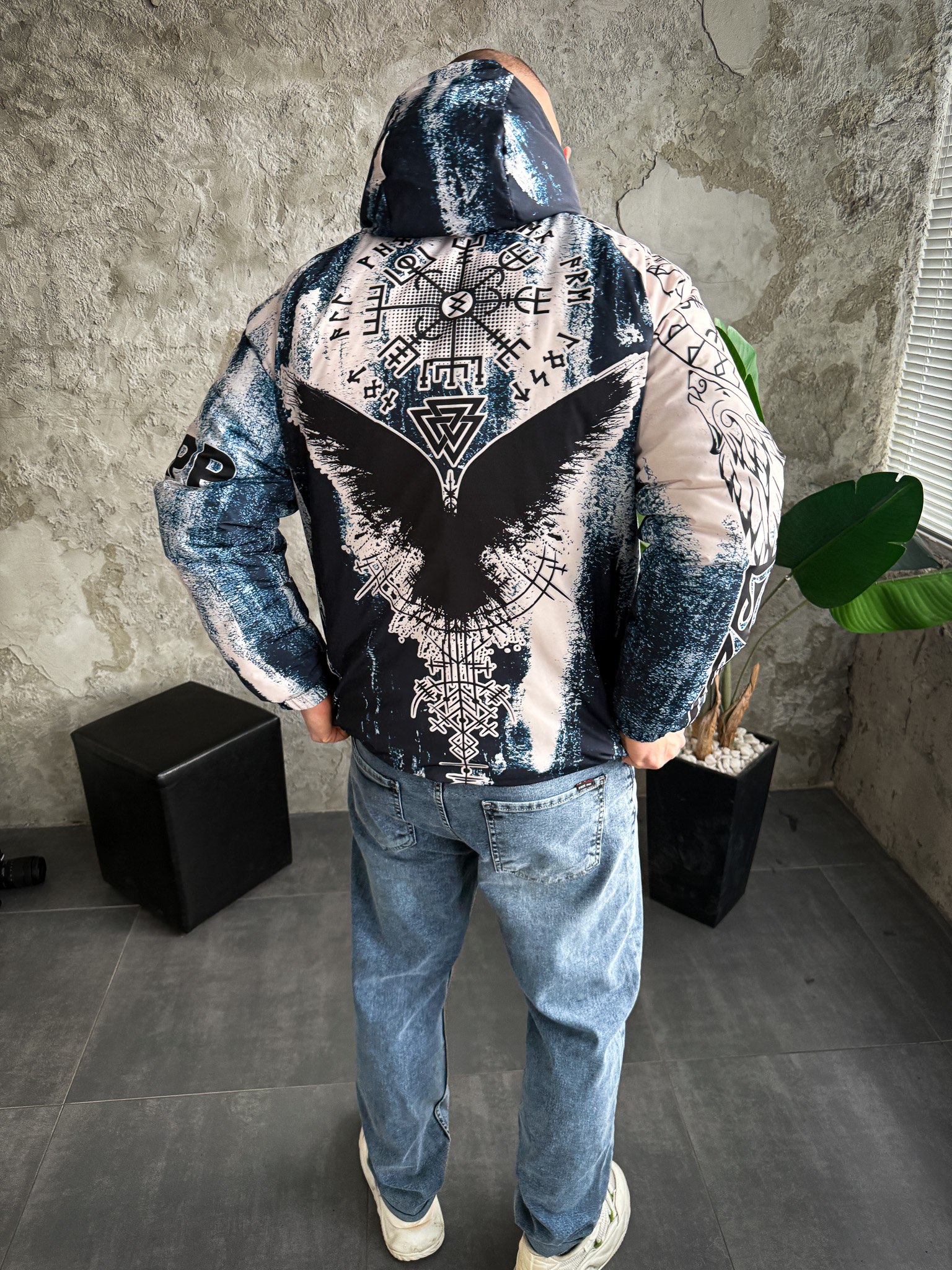photo_2025-12-30_21-47-49 Мужской Синий Анорак Оверсайз Плащевка - Утепленный с Капюшоном в Принт Птица