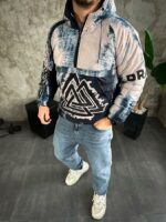 Мужской Синий Анорак Оверсайз Плащевка - Утепленный с Капюшоном в Принт Птица