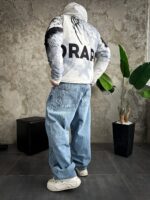 Мужской Белый Анорак Оверсайз Плащевка - Утепленный с Капюшоном в Принтах