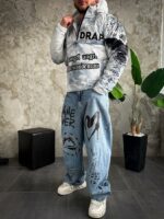 Мужской Белый Анорак Оверсайз Плащевка - Утепленный с Капюшоном в Принтах