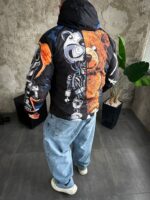 Мужской Ченый Анорак Оверсайз Плащевка - Утепленный с Капюшоном в Принт Медведь