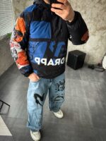 Мужской Ченый Анорак Оверсайз Плащевка - Утепленный с Капюшоном в Принт Медведь