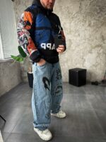 Мужской Ченый Анорак Оверсайз Плащевка - Утепленный с Капюшоном в Принт Медведь