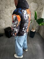 Мужской Ченый Анорак Оверсайз Плащевка - Утепленный с Капюшоном в Принт Медведь