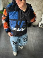 Мужской Ченый Анорак Оверсайз Плащевка - Утепленный с Капюшоном в Принт Медведь