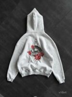 Мужское Худи Серое Меланж Утепленное на Флисе - Оверсайз с Вышивкой Череп в Розах