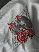 Мужское Худи Серое Меланж Утепленное на Флисе - Оверсайз с Вышивкой Череп в Розах