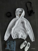 Мужское Худи Серое Меланж Утепленное на Флисе - Оверсайз с Вышивкой Череп в Розах