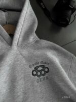 Мужское Худи Серое Меланж Утепленное на Флисе - Оверсайз с Вышивкой Череп в Розах