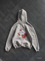 Мужское Серое Худи Утепленное на Флисе - Оверсайз с Вышивкой Череп в Розах