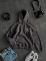 Мужское Темно-Серое Худи Утепленное на Флисе - Оверсайз с Вышивкой Череп в Розах