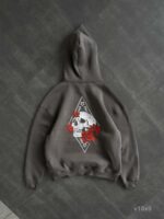 Мужское Темно-Серое Худи Утепленное на Флисе - Оверсайз с Вышивкой Череп в Розах