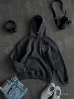 Мужское Графитовое Худи Утепленное на Флисе - Оверсайз с Вышивкой Череп в Розах