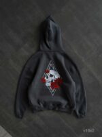 Мужское Графитовое Худи Утепленное на Флисе - Оверсайз с Вышивкой Череп в Розах